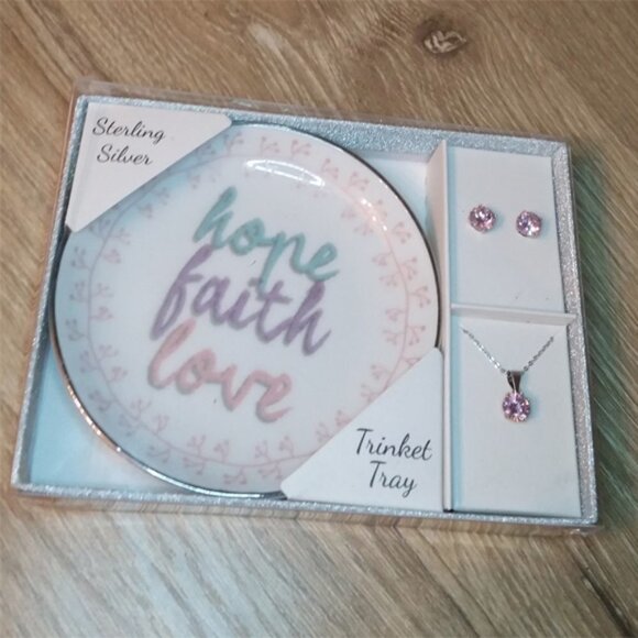 Sterling Silver Trinket Plate + Jewelry Set New Faith Hope Love GIFTABLE. - Picture 1 of 3